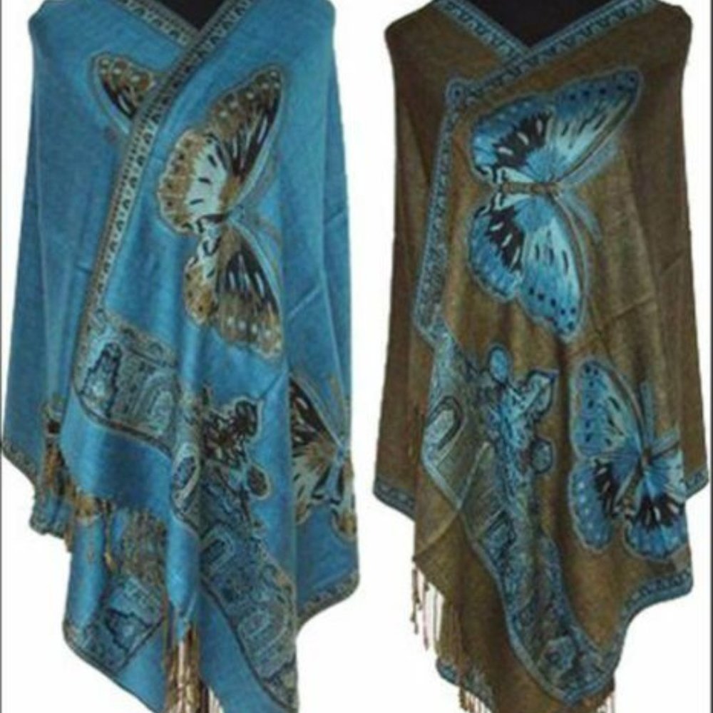 Reversible Butterfly Pashmina Blue&Brown Fringed NIP 27"X65" 100% pashmina wool